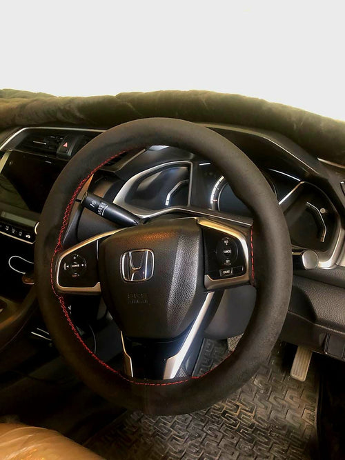 Alcantara/Suede Steering Wheel Cover black with red thread