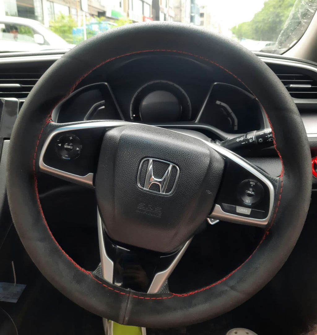 Alcantara/Suede Steering Wheel Cover black with red thread