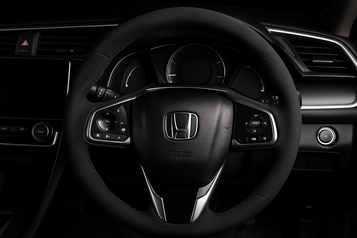 Enhanced Honda steering wheel with Alcantara cover and black stitching for homepage display